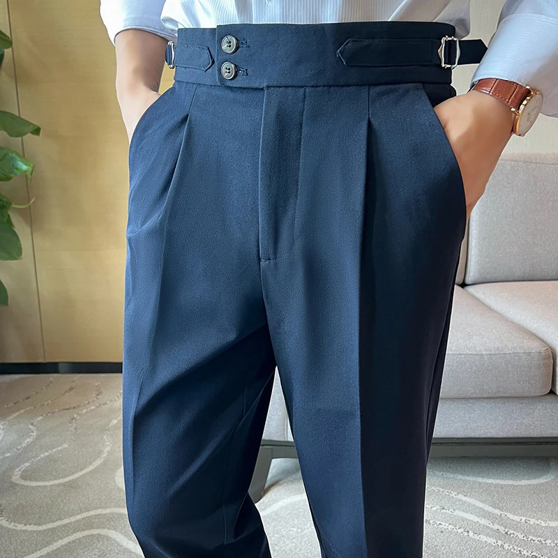 High Quality Neapolitan Mens Suit Pants Slim Fit Casual Trousers Blue Vintage High Waist Dress Pants Men pantalon Homme Luxe 250306