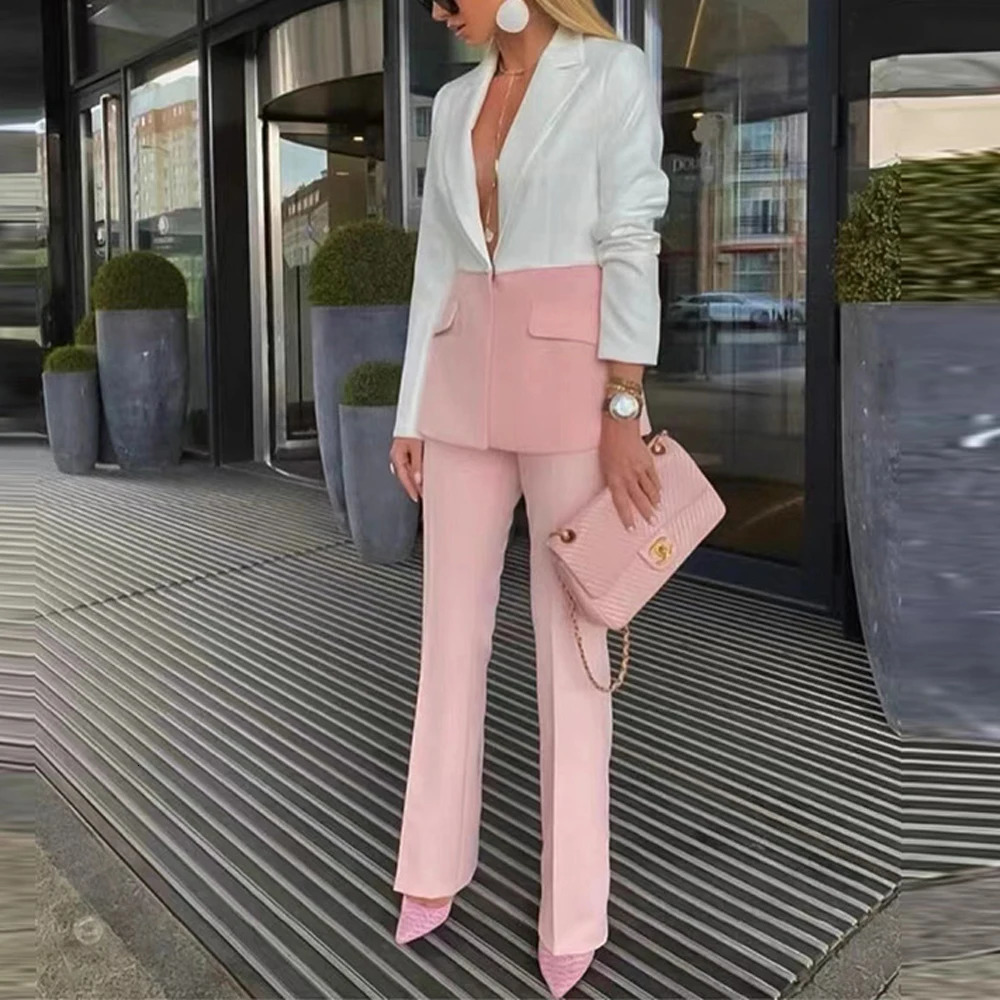 European And American Star Professional Fashion Onebutton Contrast Color Matching Suit Trousers Twopiece Women 250225