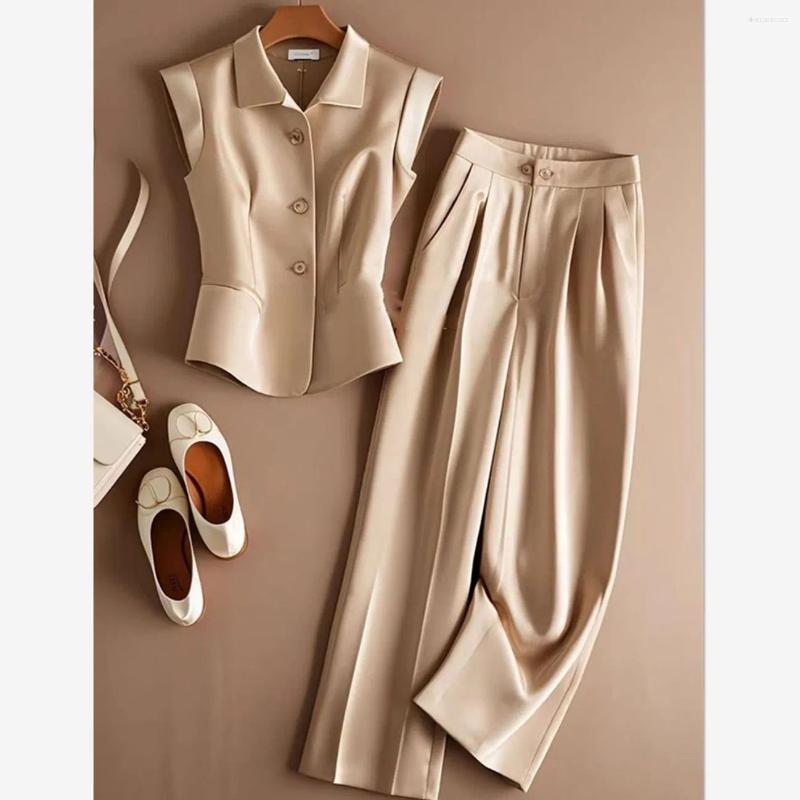Women's Two Piece Pants Korean Elegant Sleeveless Suit Summer Lapel Single Breasted Office Lady Tops Wide Leg 2-Piece Set Outfits 877P