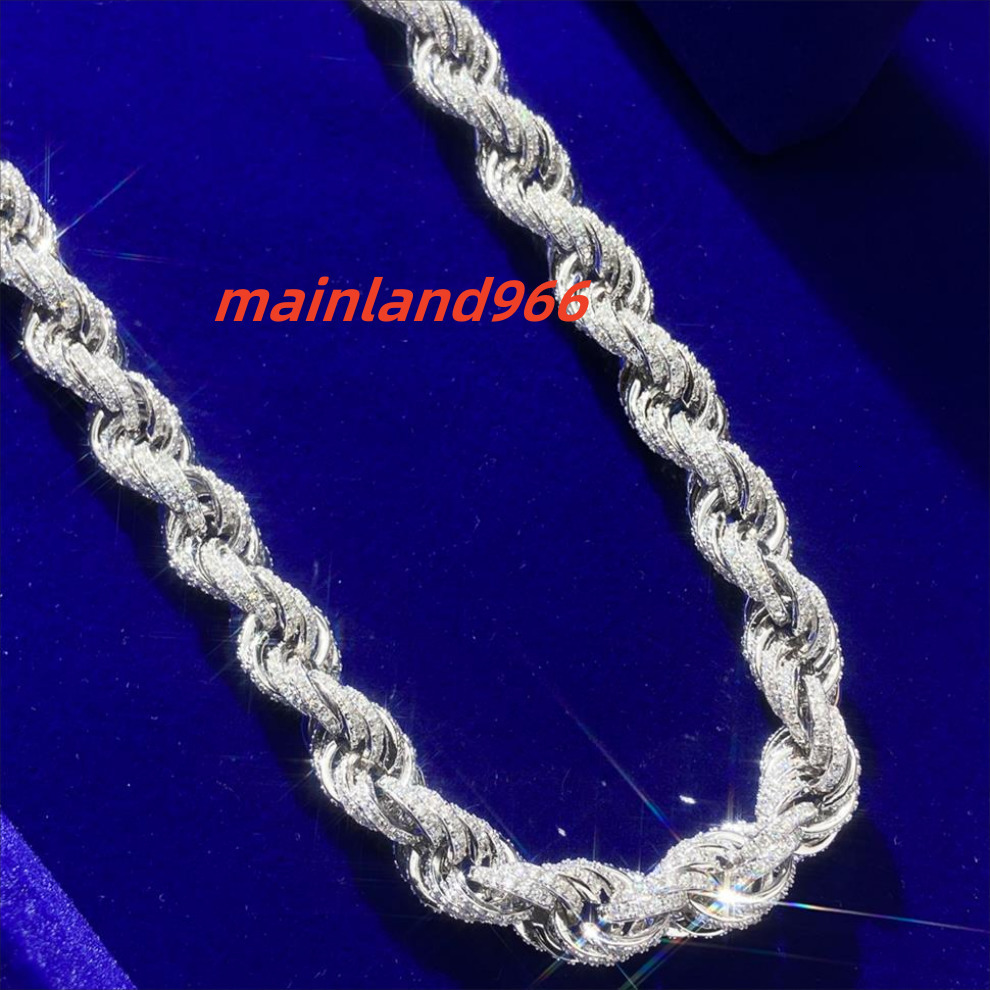 10mm Solid Gold 10k 14k Plated VVS Moissanite Diamond Round Cut Silver Rope Link Chain