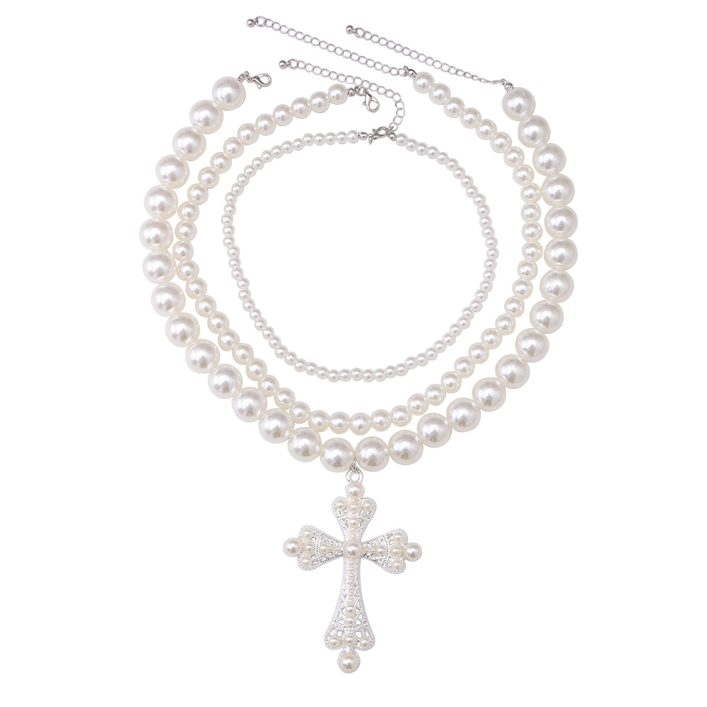 Cross necklace set of personalized beads stacked wear collarbone chain necklace jewelry in Europe and the United States exaggerated punk pearl jewelry