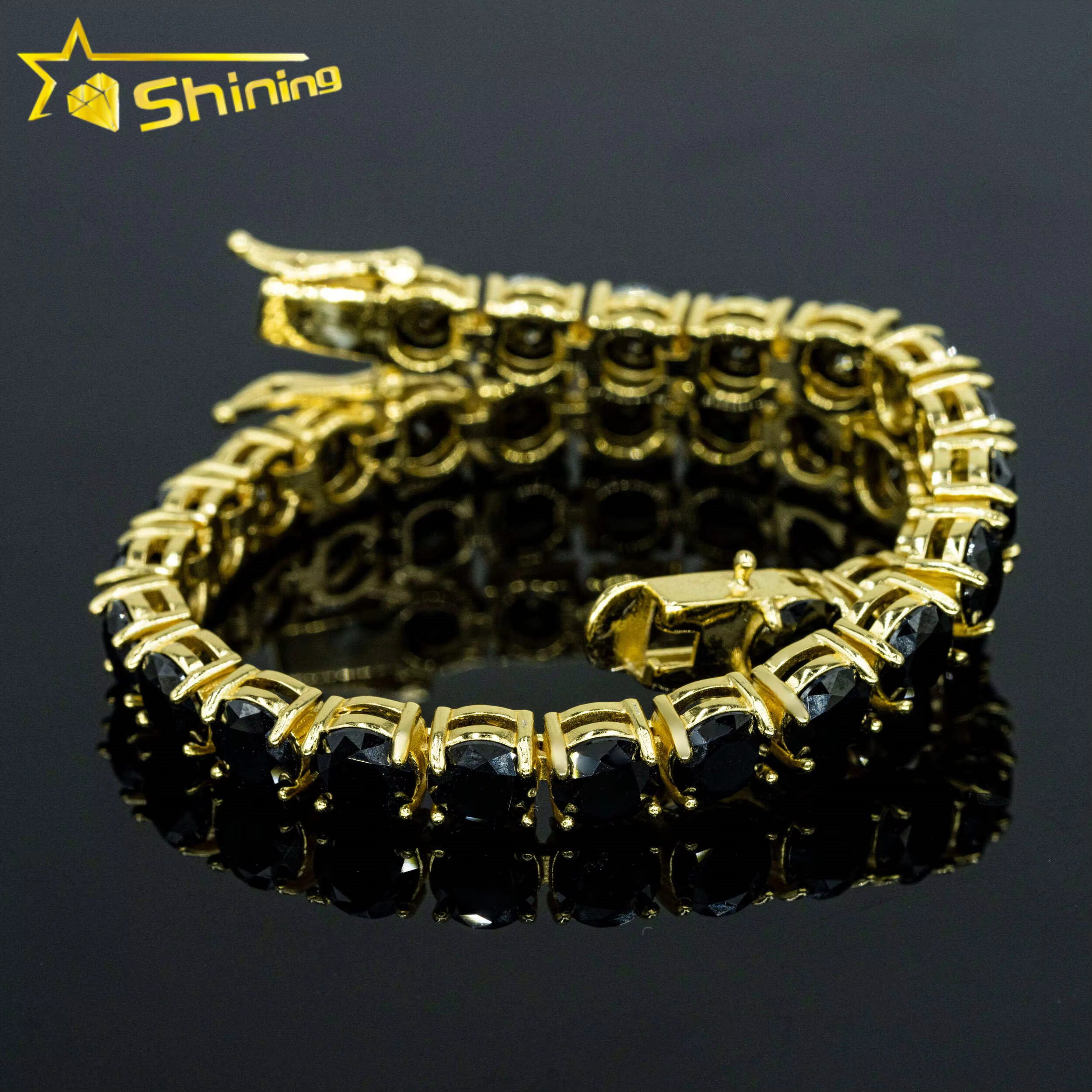 Yellow Gold Plated 3mm 4mm 5mm 6.5mm Black Moissanite Chain Sterg Sier Men Women Tennis Necklace Bracelet