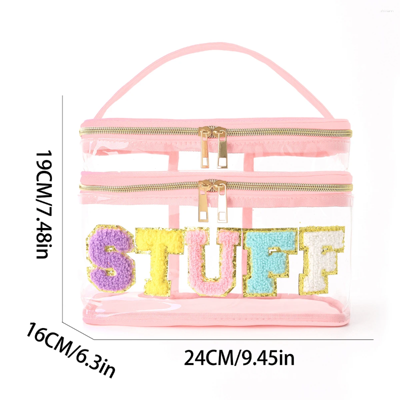 2025 NEW Cosmetic Bags 1pcs Large Capacity Letter Embroidery Double Layer Transparent Bag Toiletry Travel Storage Suitable For zhanyishengli