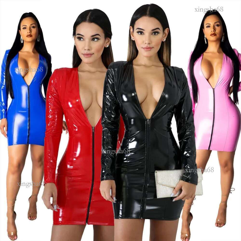 Women PU Leather Dresses Zippers Faux PU Leather Dress High Elasticity Sheath Dress Deep V Neck Faux S