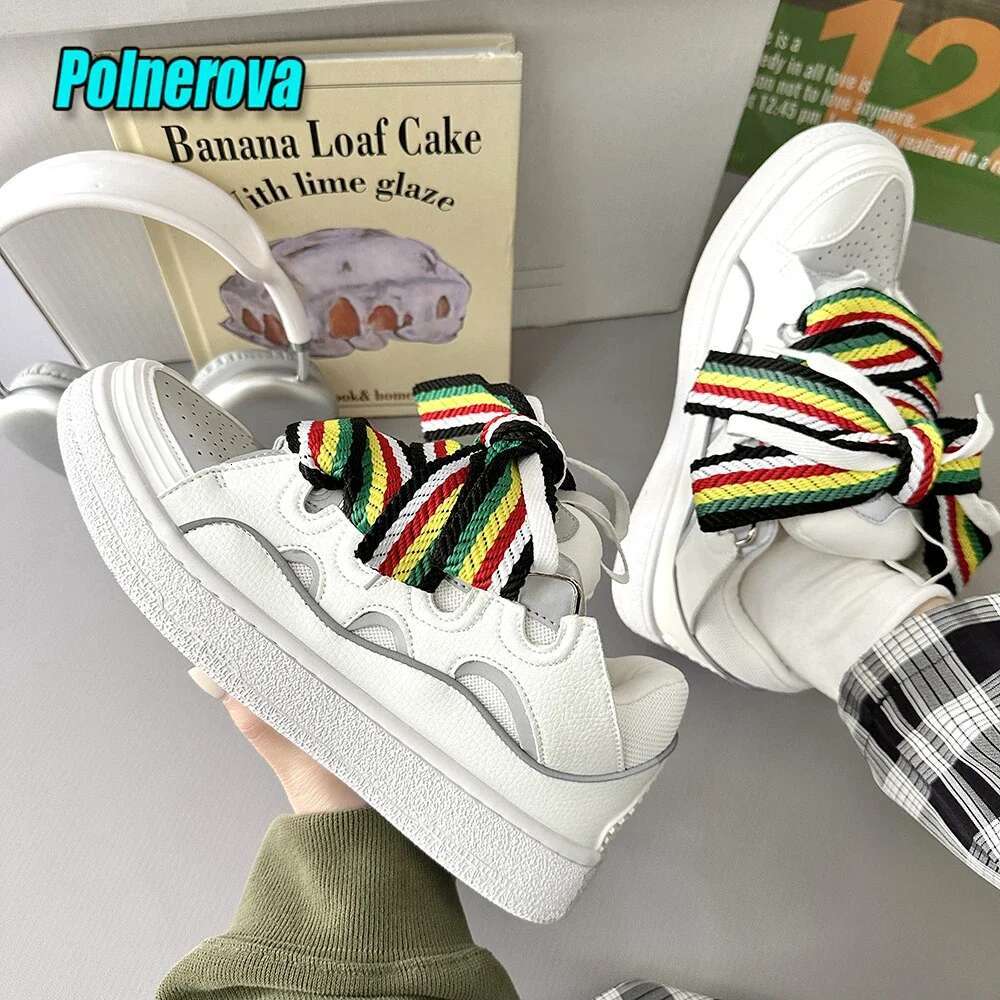 Black White Mixed Colors Couple Casual Sneakers Novelly Reflective Thick Sole Lace-Up Walking Breathable Women Men Shoes