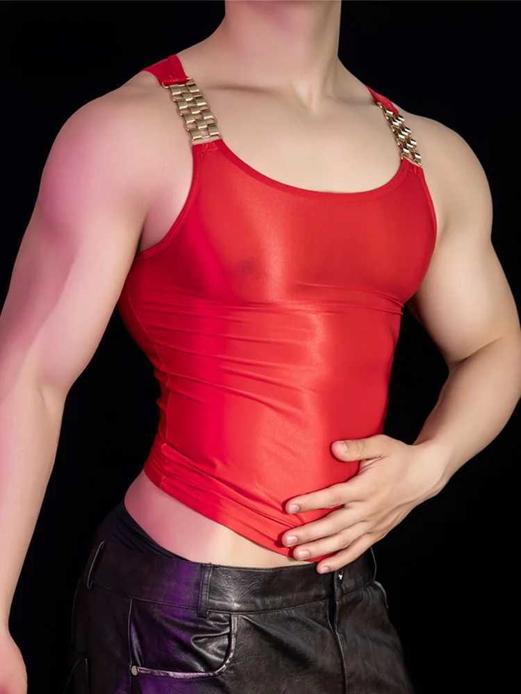 Sexy Men Oil Glossy Shiny Tank Tops Stain Smooth Strap Vest Sheer See Through Fashion Top High Elastic Sleeveless ShirtT250318