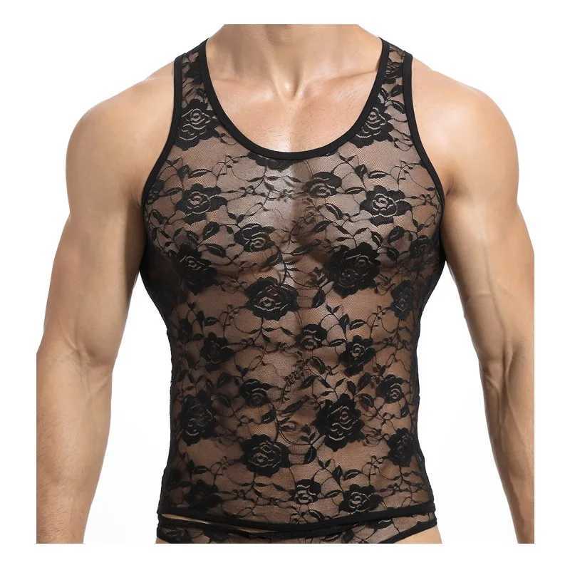 Men Floral Lace Tank Tops Sexy Transparent Mesh Elastic Fitted Singlet Sleepwear Male See-Through Sleeveless Vest NightwearT250318