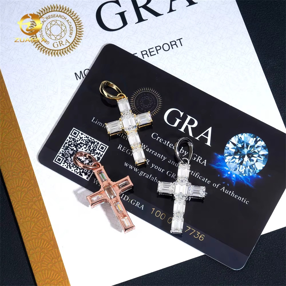 New Arrivals Emerald Cut Hip Hop Style 925 Sterling Silver Tennis Cross VVS Moissanite Pendants