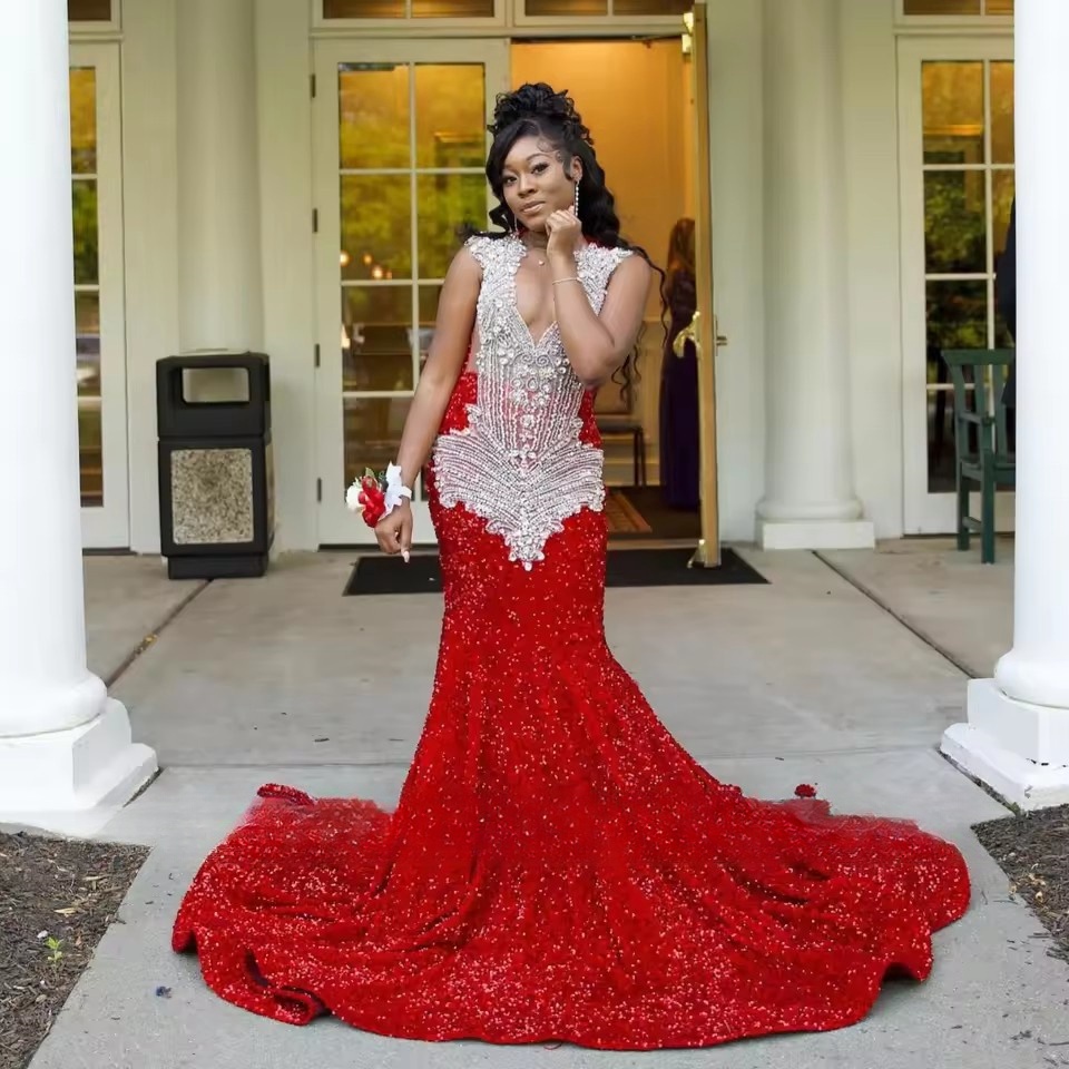 Sparkle Sequin Mermaid Red Prom Dresses For Black Girls Sexy Rhies Beaded Long Party Dress Women Customized
