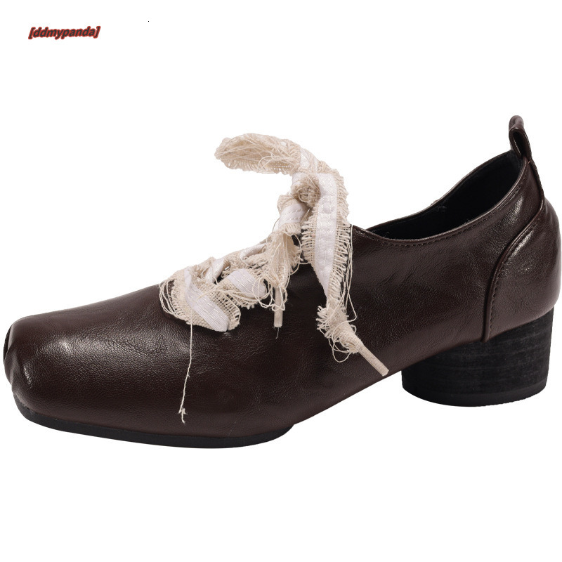 Brown ballet thick heel small leather for women 2025 new spring and autumn French style dress Mary Jane single shoes #ddmypanda