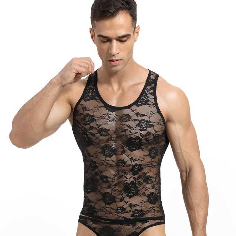 Men Floral Lace Tank Tops Sexy Transparent Mesh Elastic Fitted Singlet Sleepwear Male See-Through Sleeveless Vest NightwearT250318