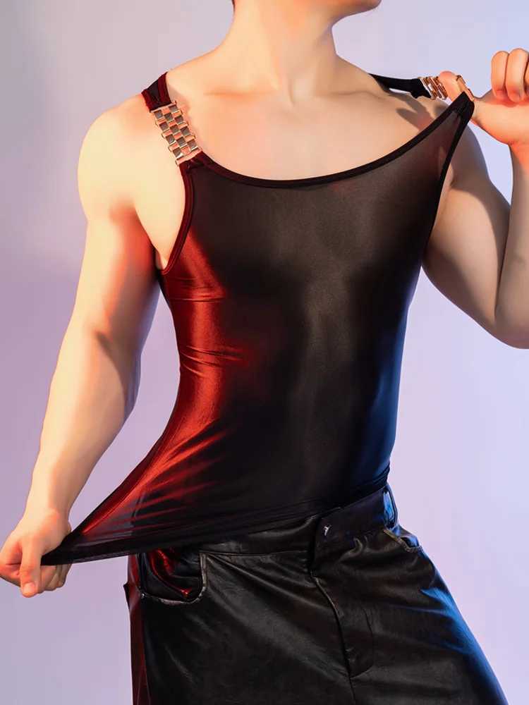 Sexy Men Oil Glossy Shiny Tank Tops Stain Smooth Strap Vest Sheer See Through Fashion Top High Elastic Sleeveless ShirtT250318