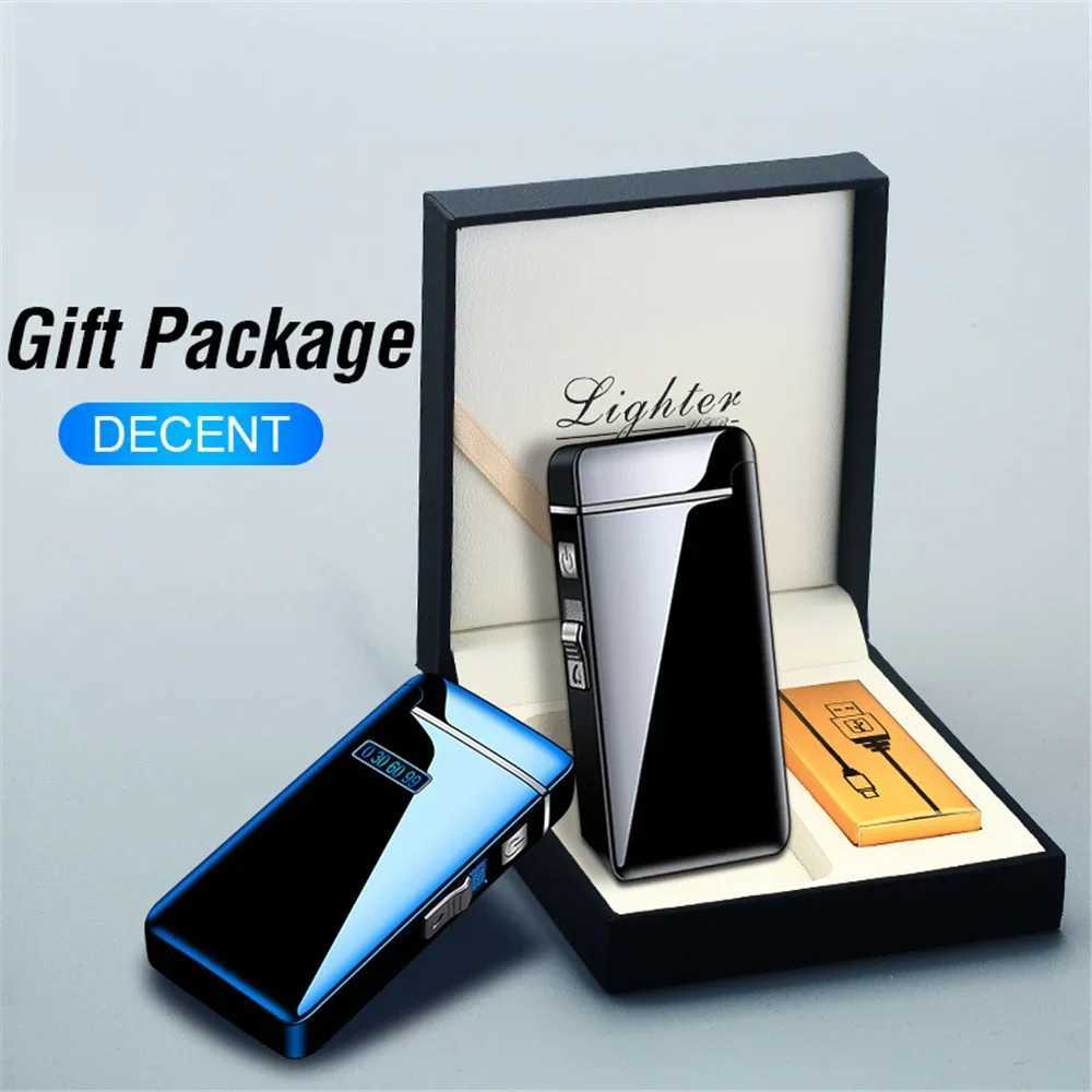 2 in 1 Dual Plasma Arc Lighter Portable Metal Jet Strong Flame Lighter USB Rechargeable Gas Electric Butane Cigar Lighter GadgetC250307