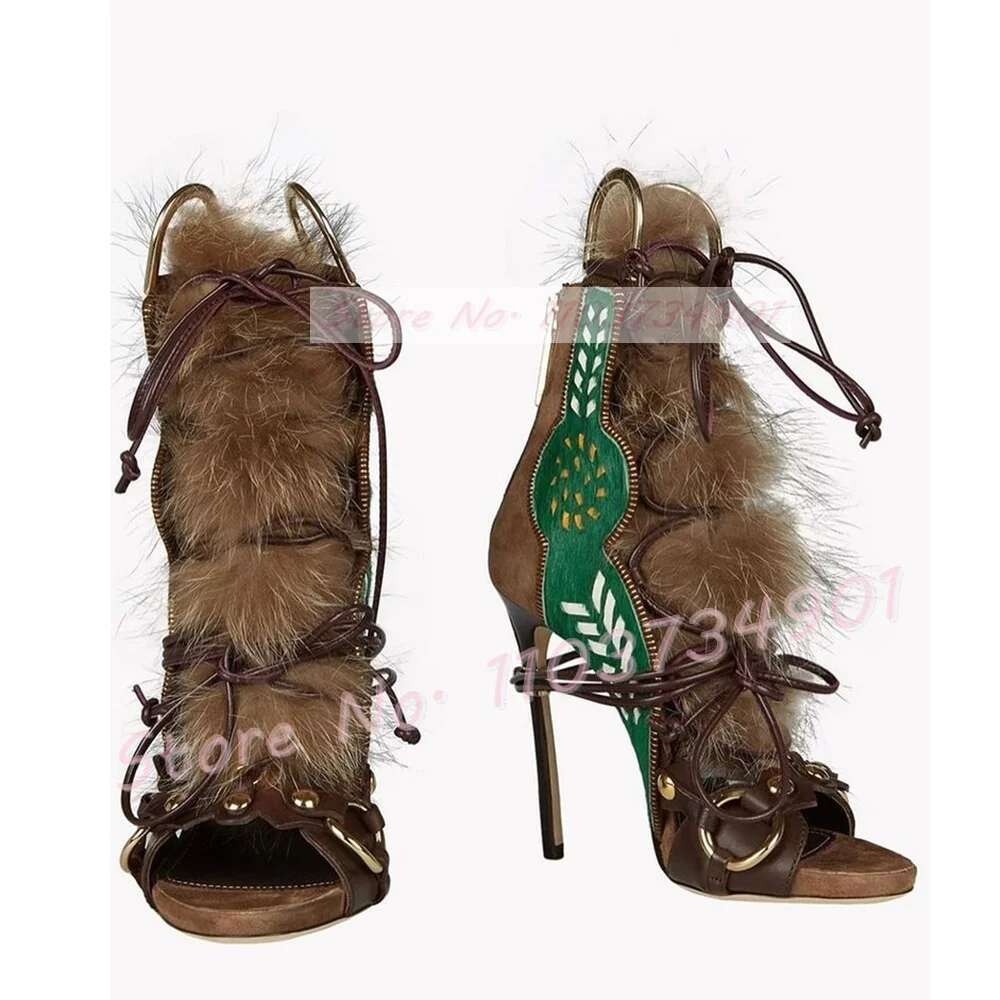 Open-toe Strappy Fur Women Vintage Color-block Suede Print High hot Heels Shoes Ladies Fashion Catwalk Party Novelty Sandals