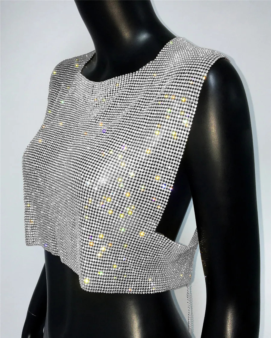 Shiny Rhinestone Sequins Crop Top Sexy Backless Round Neck Metal Tank Top For Women Fashion Nightclub Party Camisole 250304