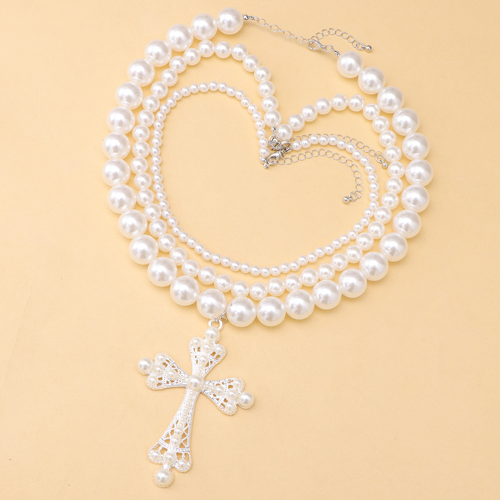 Cross necklace set of personalized beads stacked wear collarbone chain necklace jewelry in Europe and the United States exaggerated punk pearl jewelry
