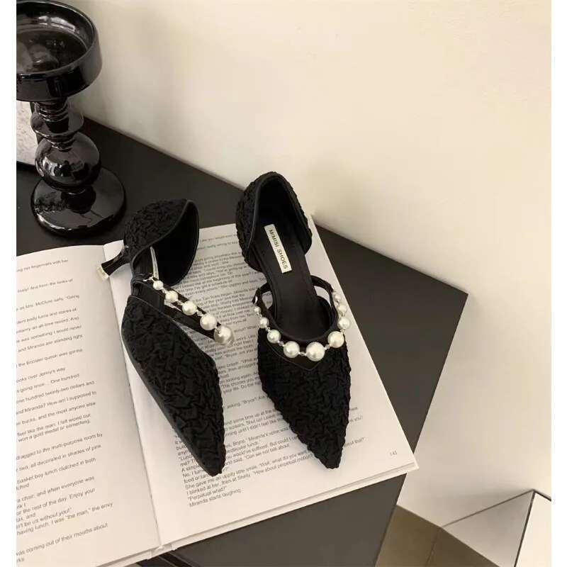 High 2025 Black Heels New Pumps Stiletto Pointed Toe Pearl Anklets High-end Fashionable Comfortable Women's Shoes -end
