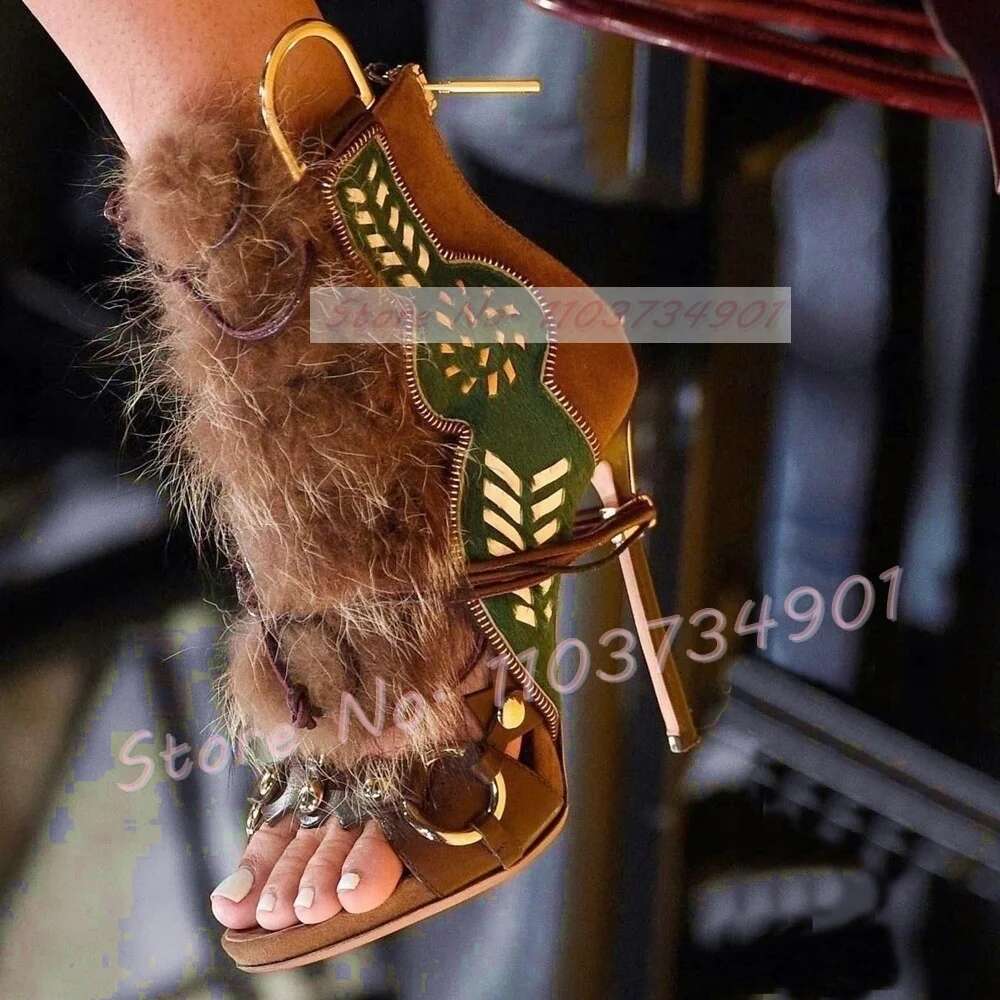 Open-toe Strappy Fur Women Vintage Color-block Suede Print High hot Heels Shoes Ladies Fashion Catwalk Party Novelty Sandals