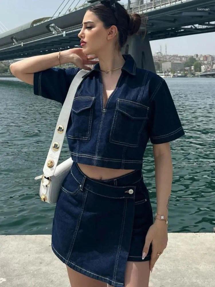Womens Tracksuits Fashion Flip Pocket Decoration Short Collar Slim Fit Denim Top Asymmetric Skirt 2 Piece Set
