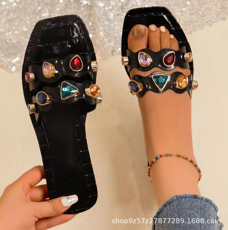Flat New Bottomed Square Toe Straight Dragged Crystal Shoes New Summer Fashion Cool Colorful Outer Wear Women's Slippers