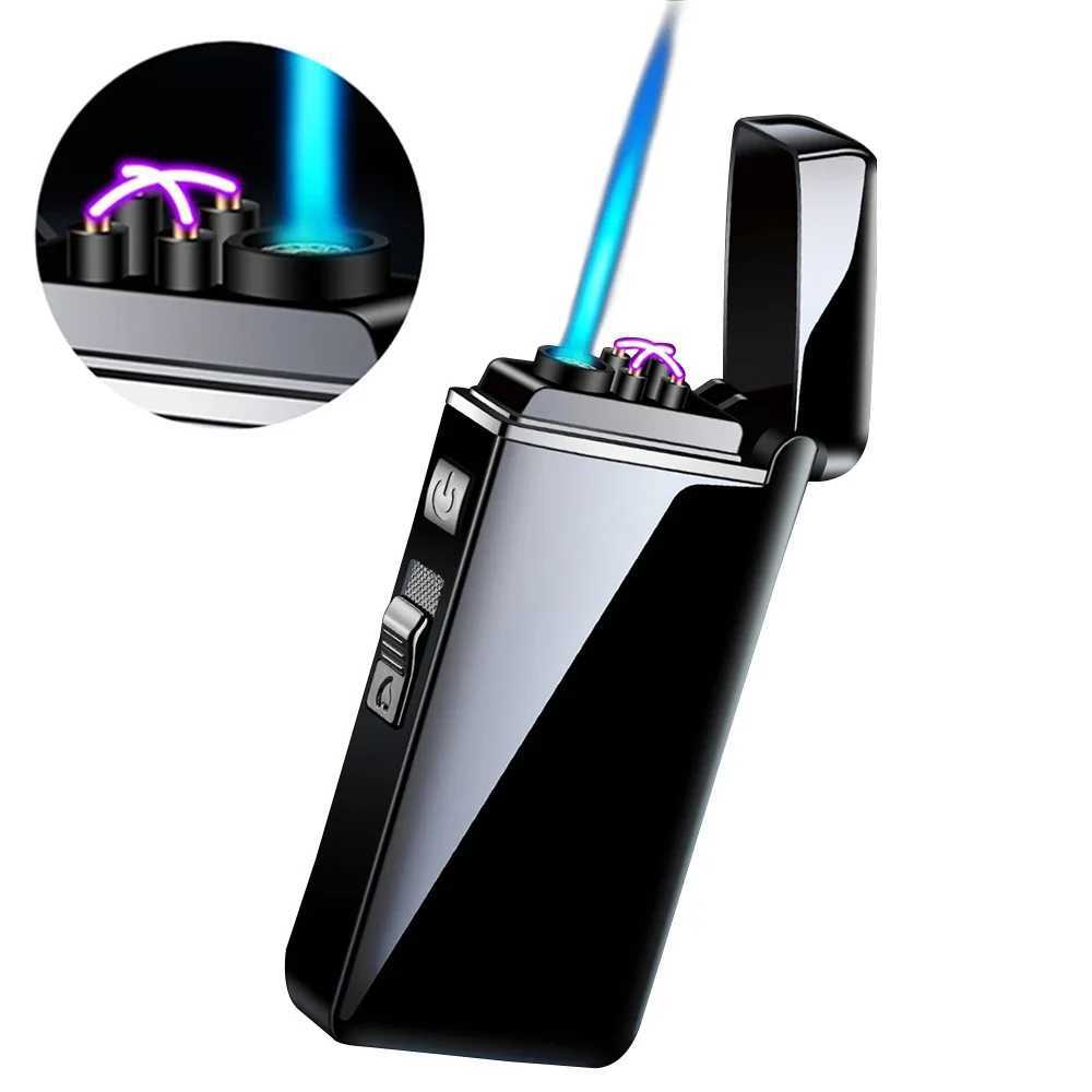 2 in 1 Dual Plasma Arc Lighter Portable Metal Jet Strong Flame Lighter USB Rechargeable Gas Electric Butane Cigar Lighter GadgetC250307