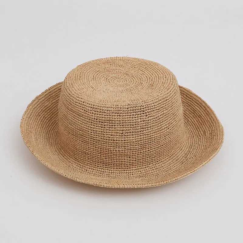 Summer Handmade Raffia Straw Wide Brim Bucket Hats Women Fashion Casual Sun Hat Foldable Flat Top Straw Hats Vacation Beach Hat W250307