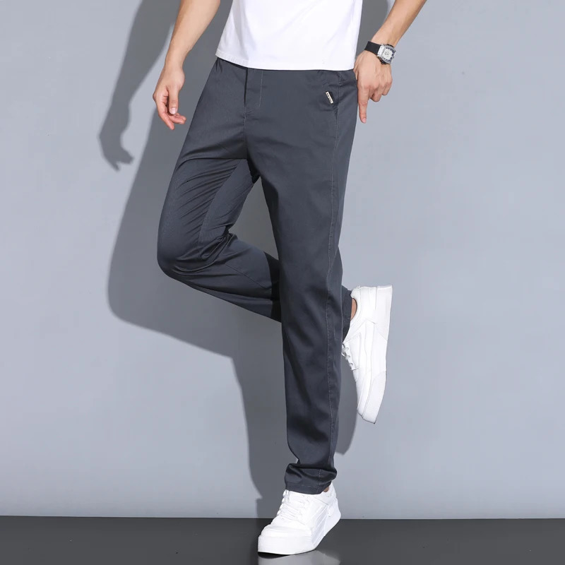 2024 Summer Thin Men Straight Casual Mens Pants Slim Stretch Elastic Waist Male Trousers Solid Color Clothing Coffee 250305Z