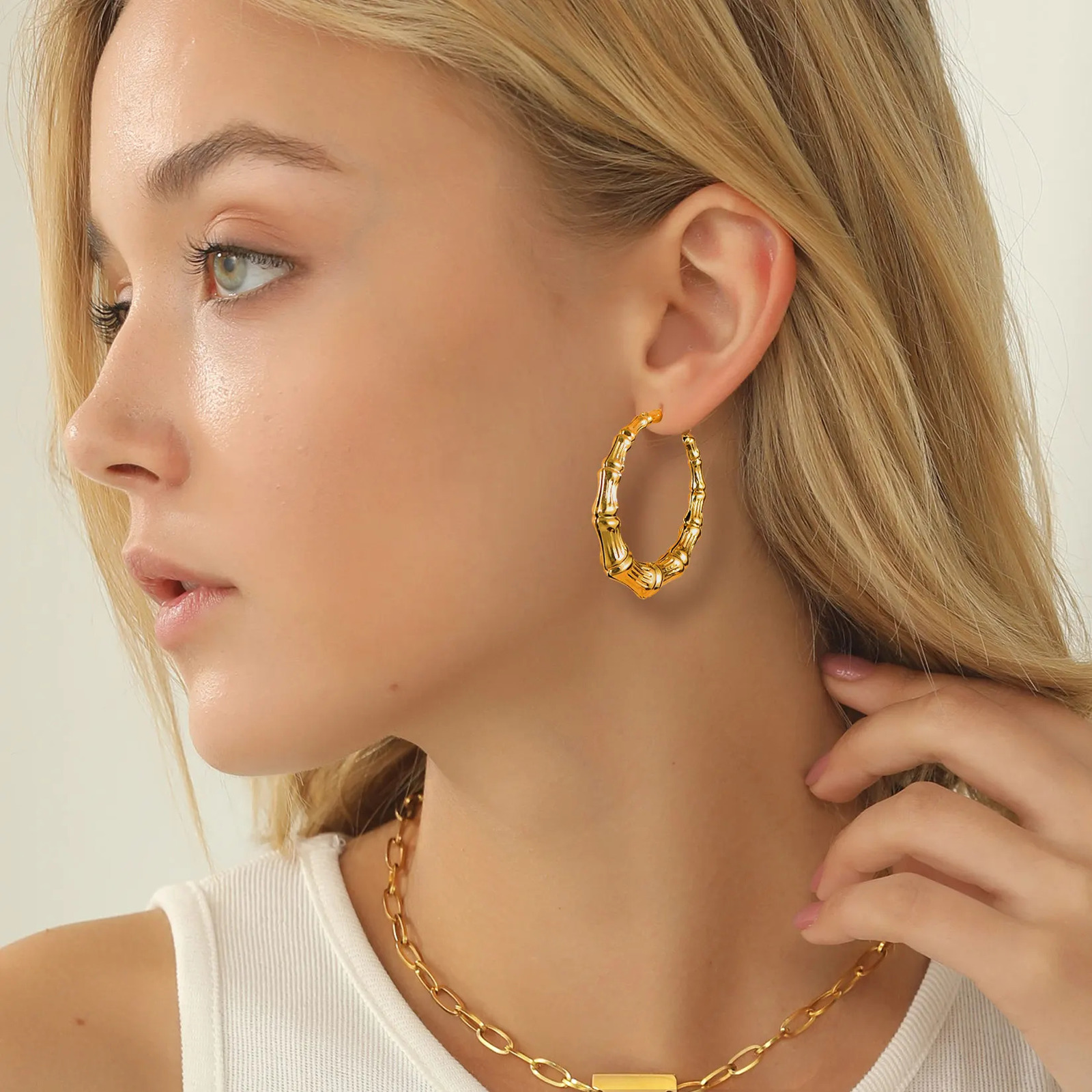 U7 Hyperbole Big 40/60/70/80mm Diameter Bamboo Hoop Earrings for Women 14K Gold Color Geometric Earring Statement Jewelry 250303