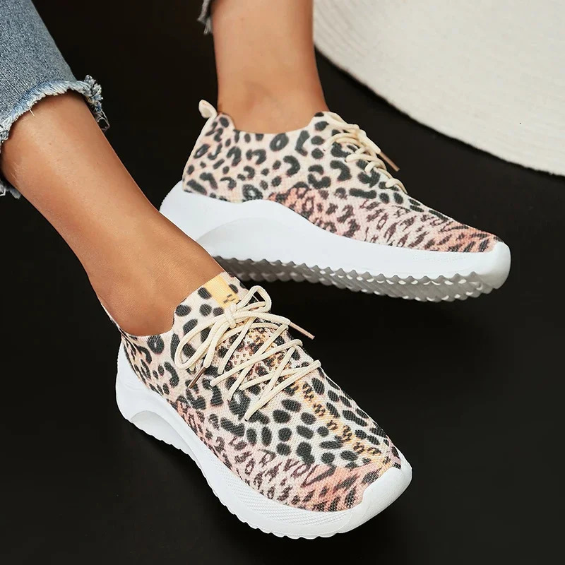 Fashion Leopard Knitted Sneakers for Women Autumn Slip On Walking Shoes Woman Lightweight Casual Sport Sneakers Plus Size 250306
