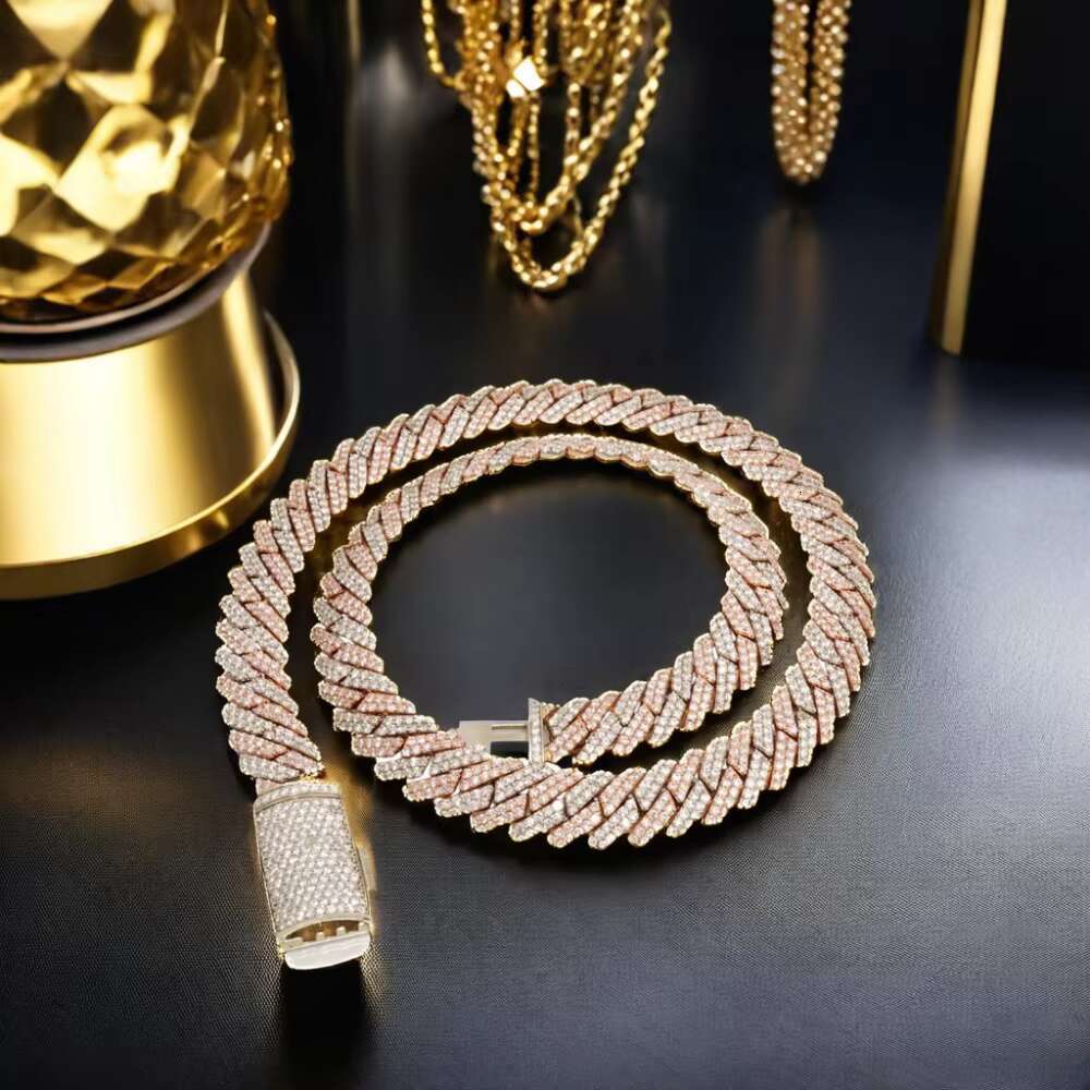 Hip Hop Jewelry 14Mm Real 14K Gold Fork Inlay Vs. Natural Chilled Cuban Chain Necklace And Bracelet