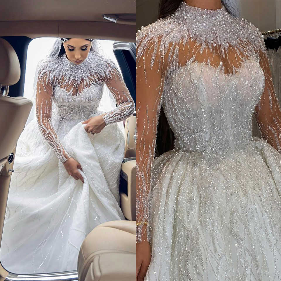 Gorgeous A e Women Wedding High Collar Long Sleeves Bridal Gowns Sequins Pearls Sweep Train Dress Custom Made