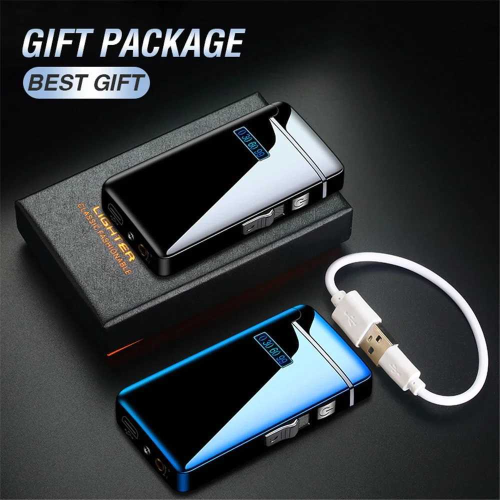 2 in 1 Dual Plasma Arc Lighter Portable Metal Jet Strong Flame Lighter USB Rechargeable Gas Electric Butane Cigar Lighter GadgetC250307