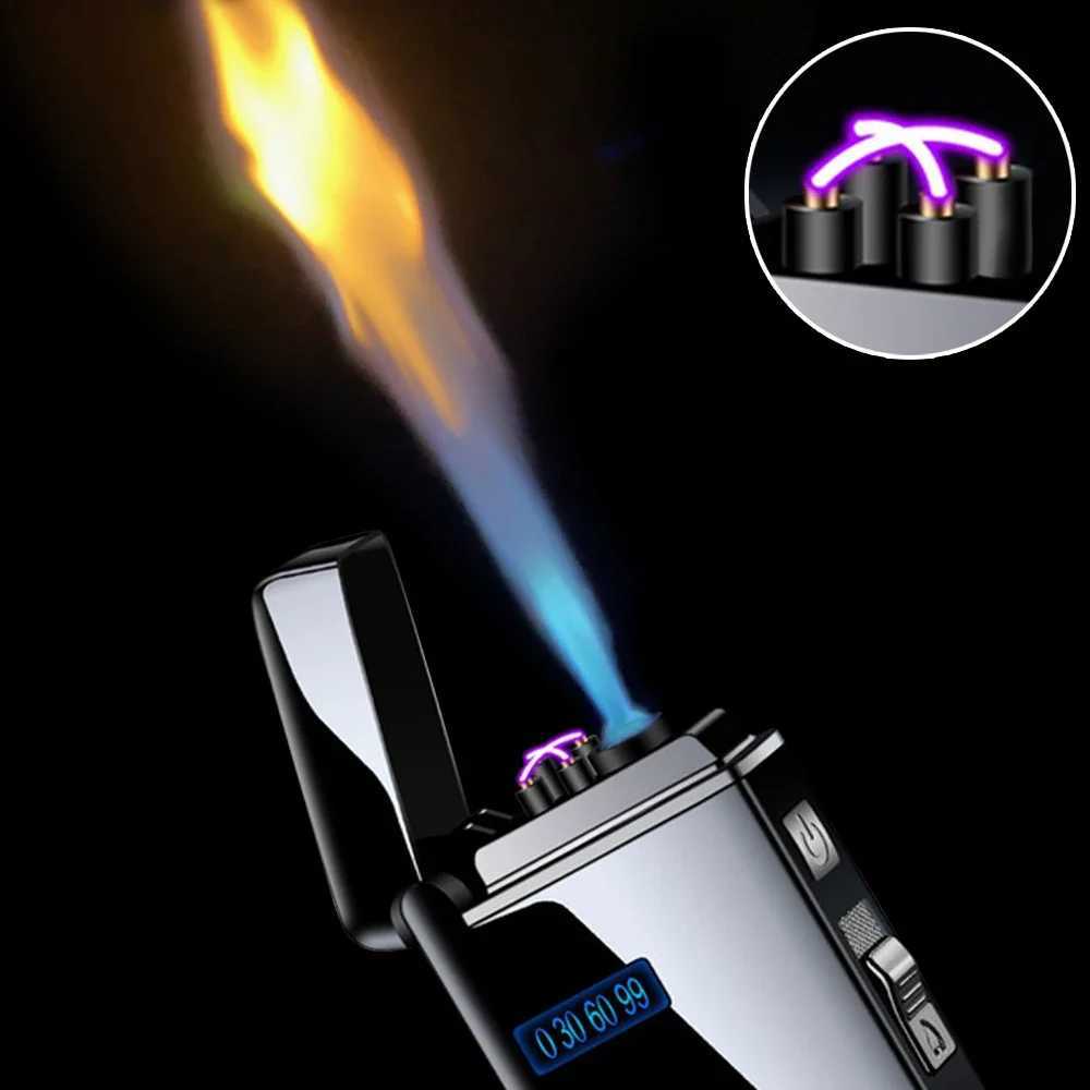 2 in 1 Dual Plasma Arc Lighter Portable Metal Jet Strong Flame Lighter USB Rechargeable Gas Electric Butane Cigar Lighter GadgetC250307