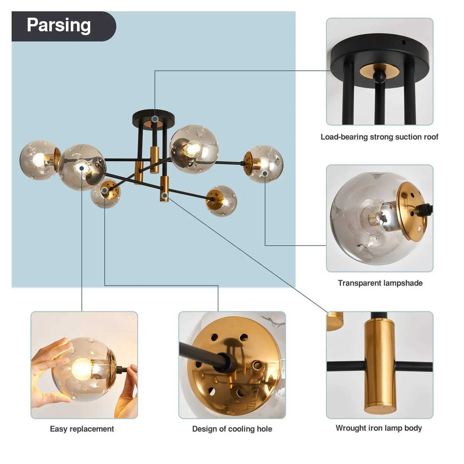 Glass Globe Chandelier Mid Century Modern Pendant Lights Black Ceiling Hanging Light Fixture with Glass Shade Sputnik Chandelier X250307
