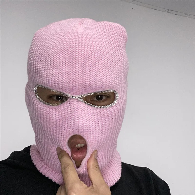 Shining Diamond Balaclava Face Mask Women Pink Sport Knitted Fleece Ski Mask for Women Three Hole Hat Shiny Rhinestone 250306