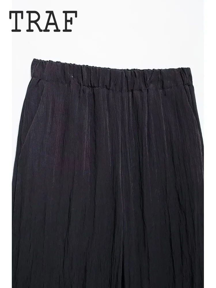 TRAF Dark Womens Two Piece Sets Elastic Waist Wide Leg Pants Set Wrinkle Effect Open Collar Suit Coat Top Elegant 250225