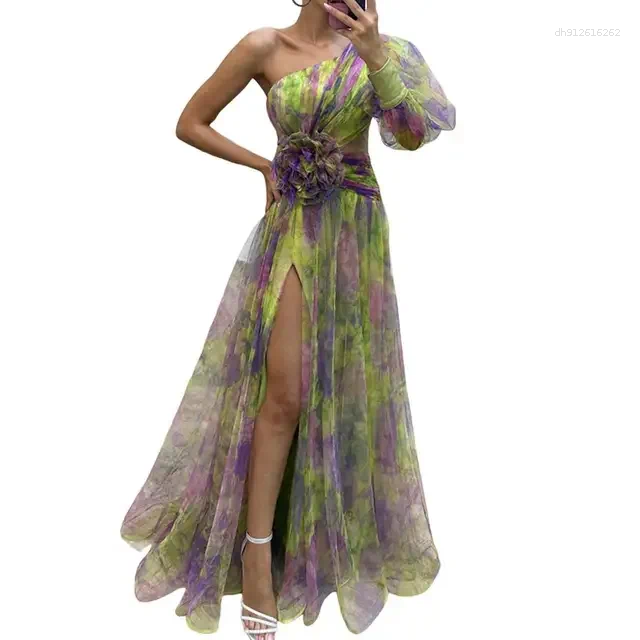 Casual Dresses Elegant Formal Party Dress One Shoulder Tie-dye Ball Gown With Mesh Bubble Sleeves Split Hem Women's Evening