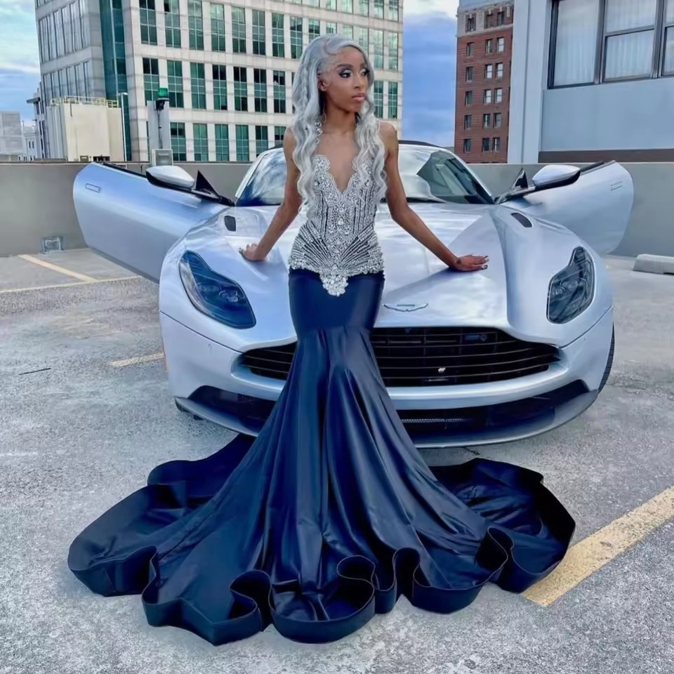 Customized African Mermaid Prom Crystal Rhies Beaded Black Girls Evening Dress Formal Party Gowns