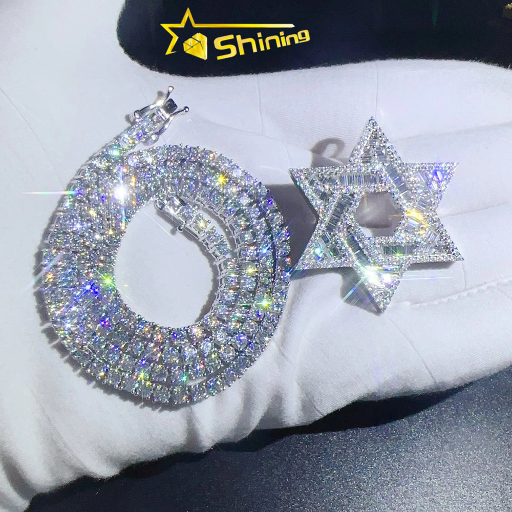 Iced Out Moissanite Jewelry Hip Hop Hexagon Pendant GRA Certified Vvs d Moissanite Hollow Out Tennis Necklace Pendant