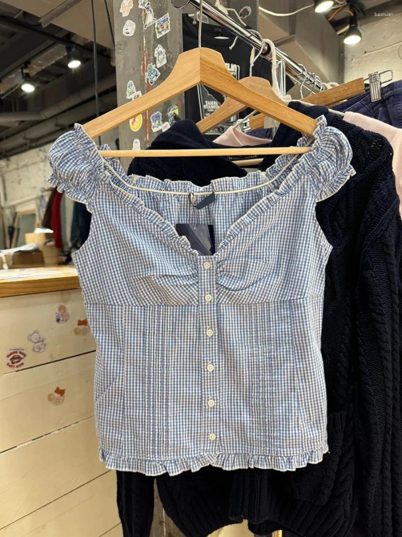 Womens Tracksuits Blue Plaid Buttons T-shirt Shorts Set Summer Ruffle Slim Tees Straight Sweatshorts Sweet Cotton Pajama 2 Piece Sets Woman