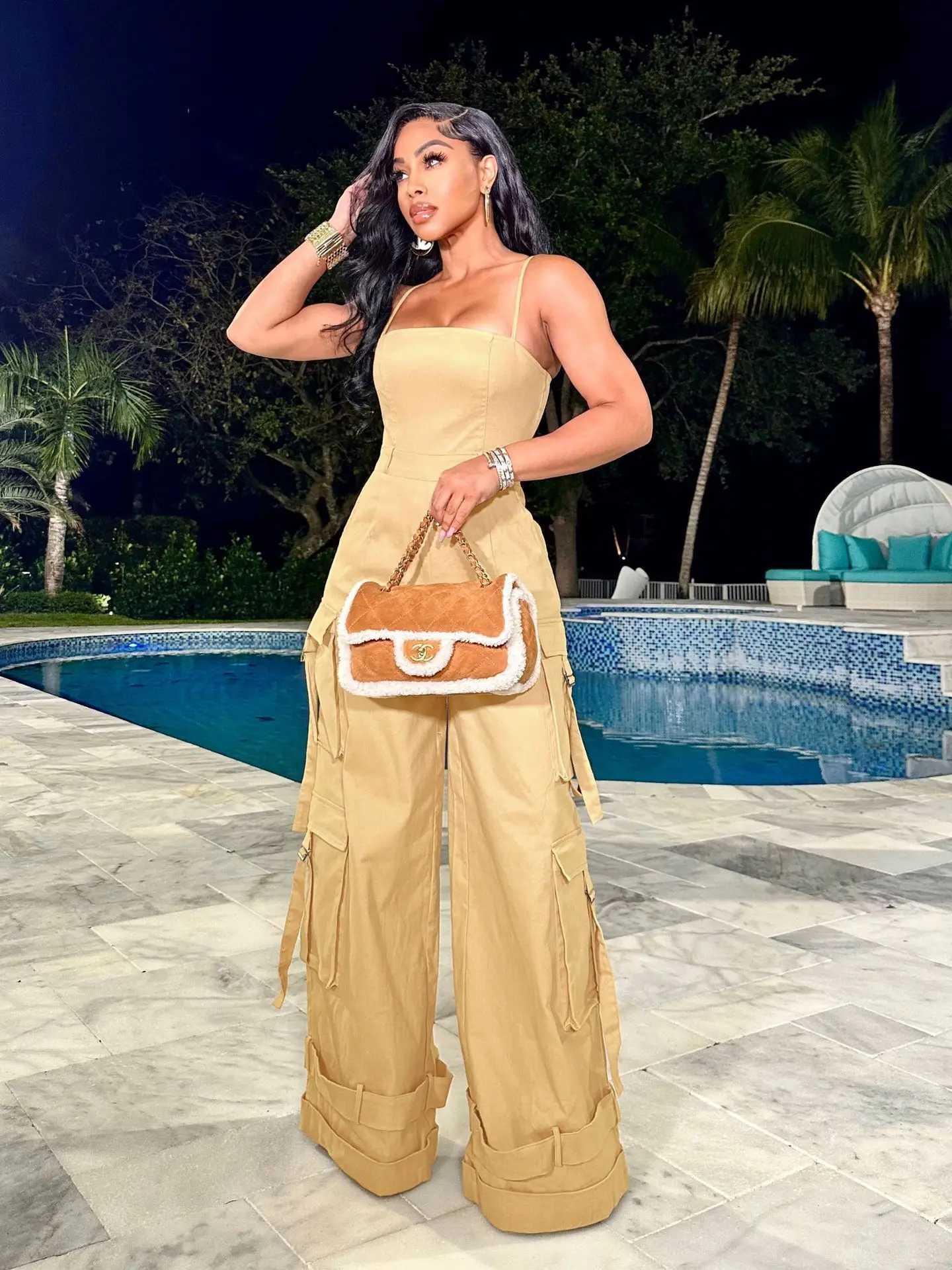 lti Pockets Wide Leg Cargo Jumpsuit Sexy Women Spaghetti Strap Ele Streetwear Casual Overalls RomperXJ250307