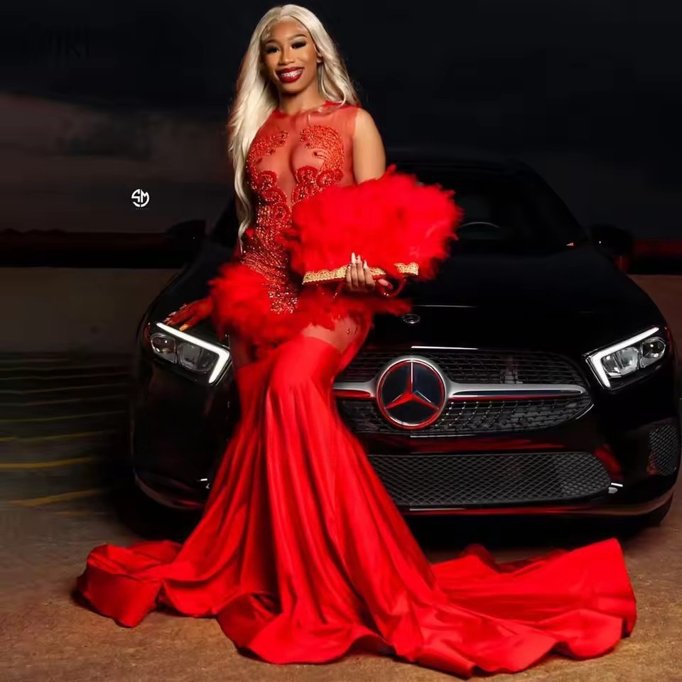 Customized Red Mermaid Prom Dress Beaded Crystals Sleeveless Evening Party Gowns Front Split Formal vestidos de noche