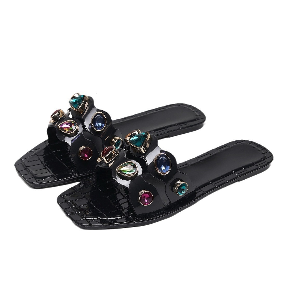 Flat New Bottomed Square Toe Straight Dragged Crystal Shoes New Summer Fashion Cool Colorful Outer Wear Women's Slippers