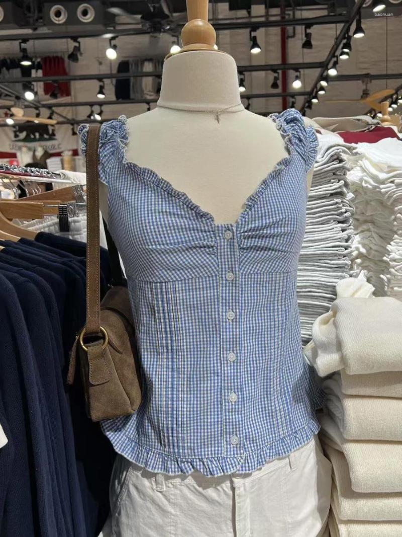 Womens Tracksuits Blue Plaid Buttons T-shirt Shorts Set Summer Ruffle Slim Tees Straight Sweatshorts Sweet Cotton Pajama 2 Piece Sets Woman
