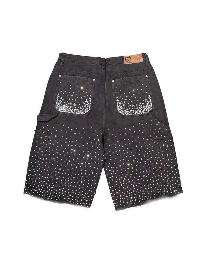 Streetwear Mens Vintage Rhinestone Sequin Denim Shorts Y2K Jeans Hip Hop Baggy Denim Gym Shorts Casual Shorts 250306
