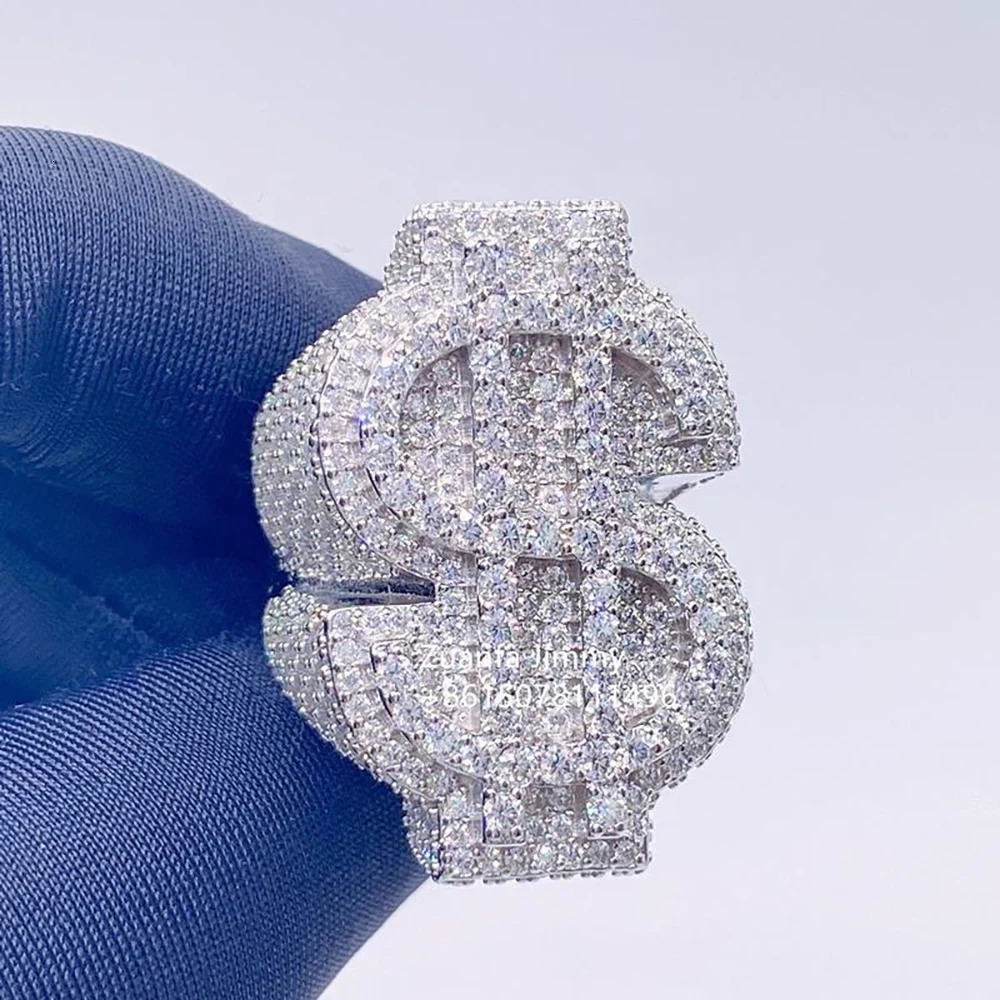 Personalized Custom Hip Hop Full Diamond Sign Ring Bling Iced Out Money Big USD 18k Gold Plated Ring For Women Men 250318