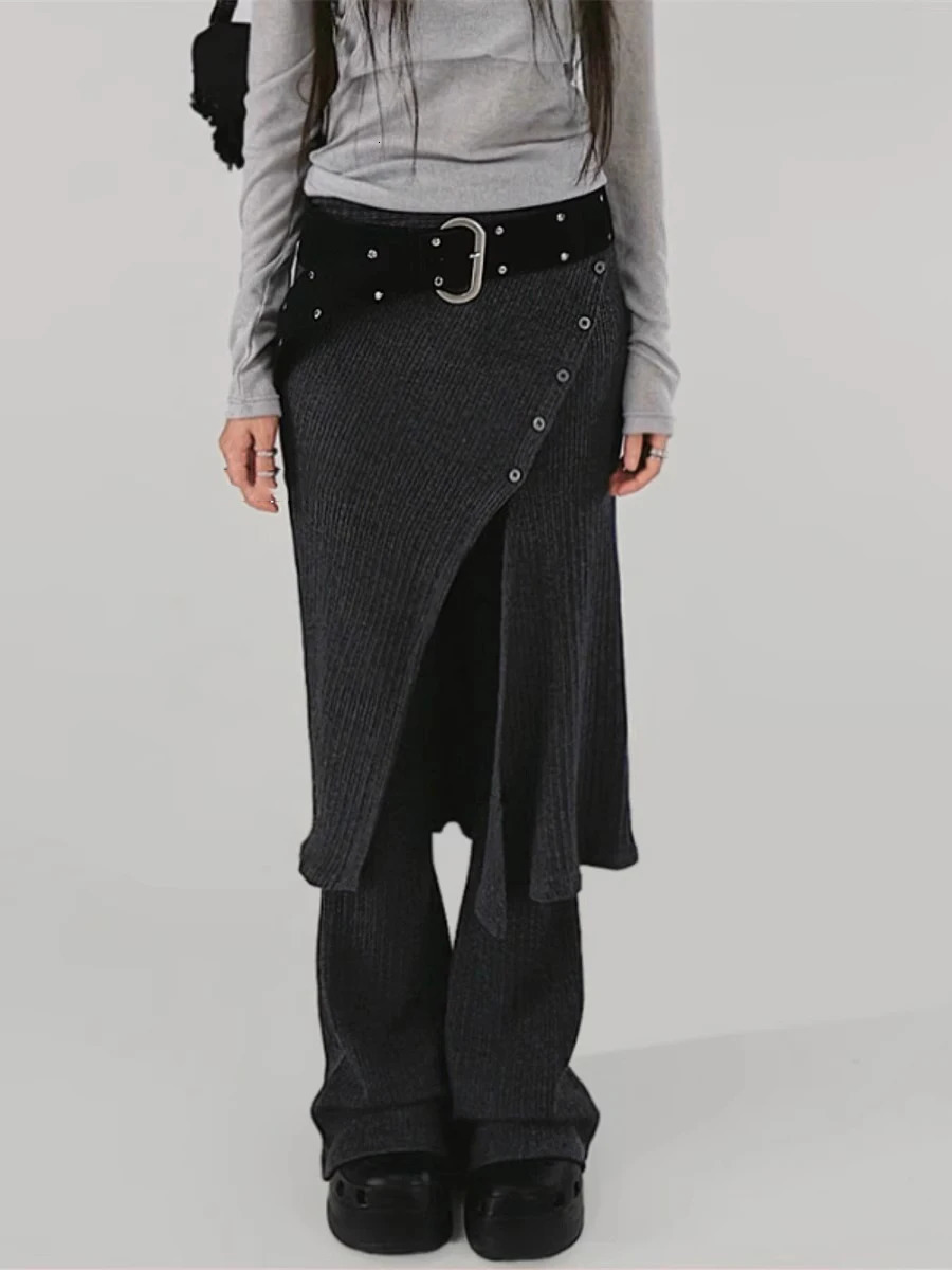 2025 Bottom Fashion Street n Thread Knitted Casual Buckle Split Tie Half body Skirt Pants Two Piece Set Y2k 250225