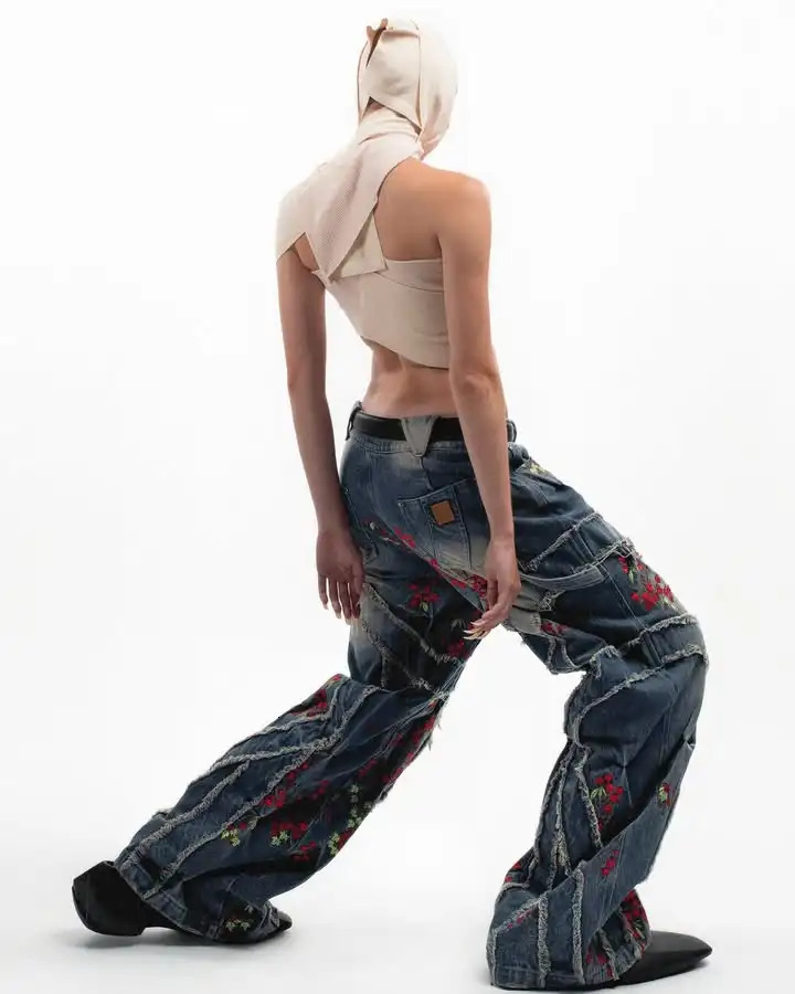 Vintage heavy-duty jeans Y2K mens cherry blossom embroidery retro open collar embroidery retro blue pocket jeans low waist wide Trouser 250306