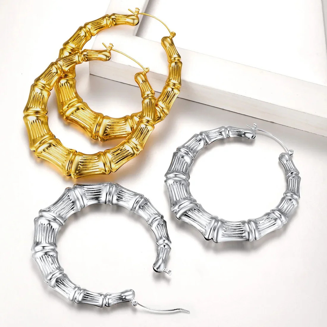 U7 Hyperbole Big 40/60/70/80mm Diameter Bamboo Hoop Earrings for Women 14K Gold Color Geometric Earring Statement Jewelry 250303