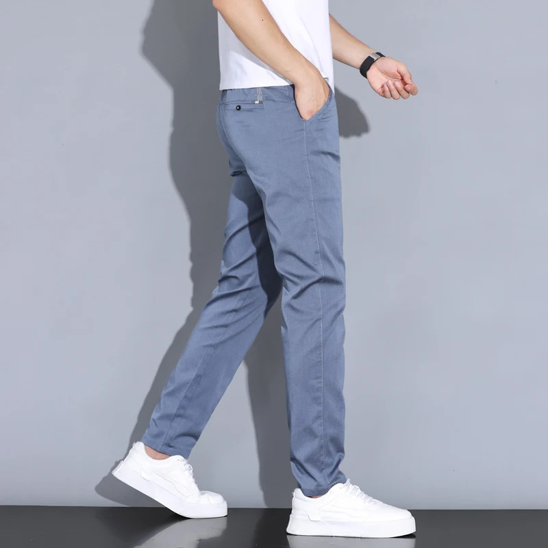 2024 Summer Thin Men Straight Casual Mens Pants Slim Stretch Elastic Waist Male Trousers Solid Color Clothing Coffee 250305Z